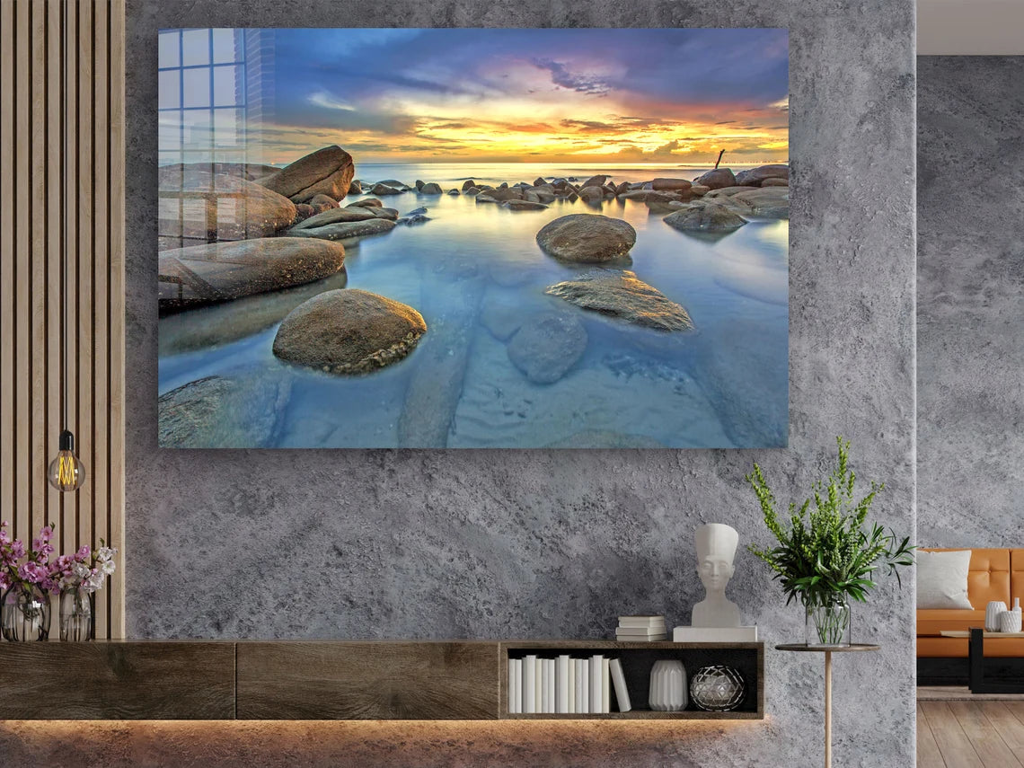 Rocks on Sea Sunset Sky UV Direct Aluminum Print Australian Made Quality