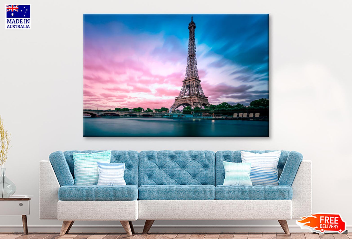 Eiffel Tower From Seine River with Evening Purple Blue Sky Wall Art Decor 100% Australian Made