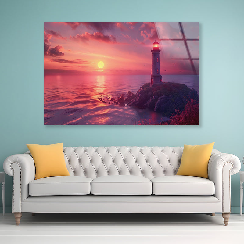 Lighthouse Standing On a Rocky Shore & Sky Acrylic Glass Print Tempered Glass Wall Art 100% Made in Australia Ready to Hang