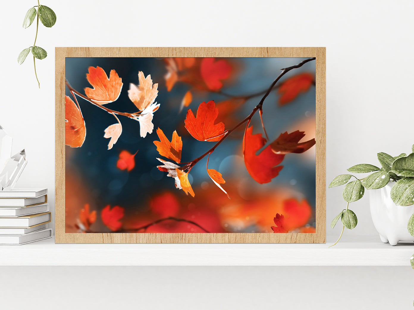 Red Leaves In The Autumn Forest Glass Framed Wall Art, Ready to Hang Quality Print Without White Border Oak