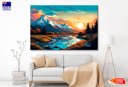 Sunset Over Mountain River  Wall Art Decor 100% Australian Made