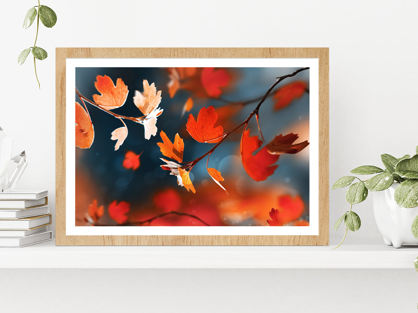 Red Leaves In The Autumn Forest Glass Framed Wall Art, Ready to Hang Quality Print With White Border Oak