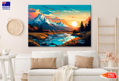 Sunset Over Mountain River  Wall Art Decor 100% Australian Made