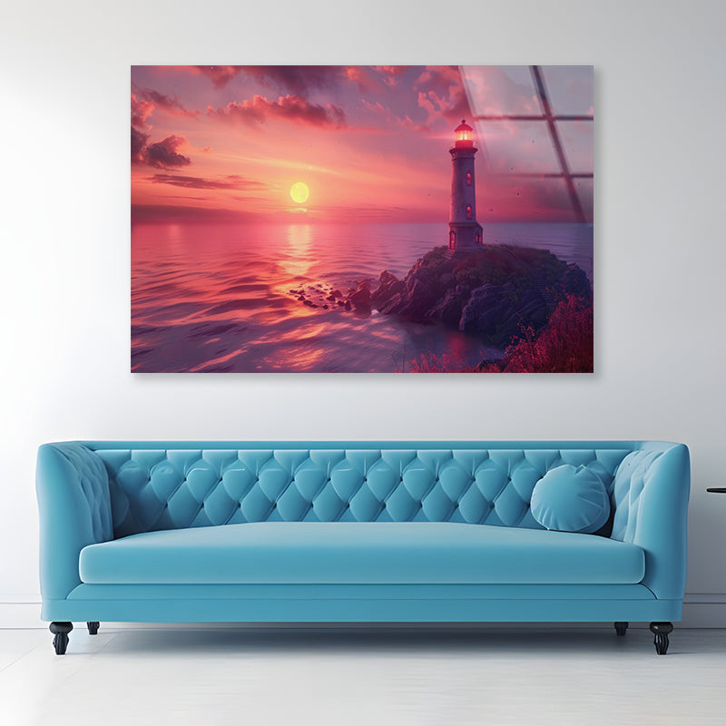 Lighthouse Standing On a Rocky Shore & Sky Acrylic Glass Print Tempered Glass Wall Art 100% Made in Australia Ready to Hang