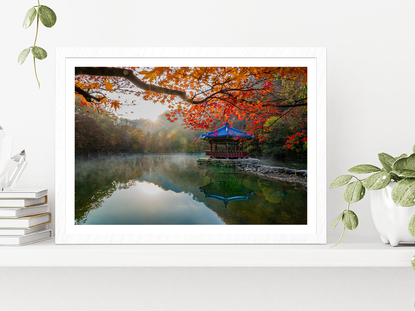 Autumn Leaves On Shore Of The Lake Glass Framed Wall Art, Ready to Hang Quality Print With White Border White