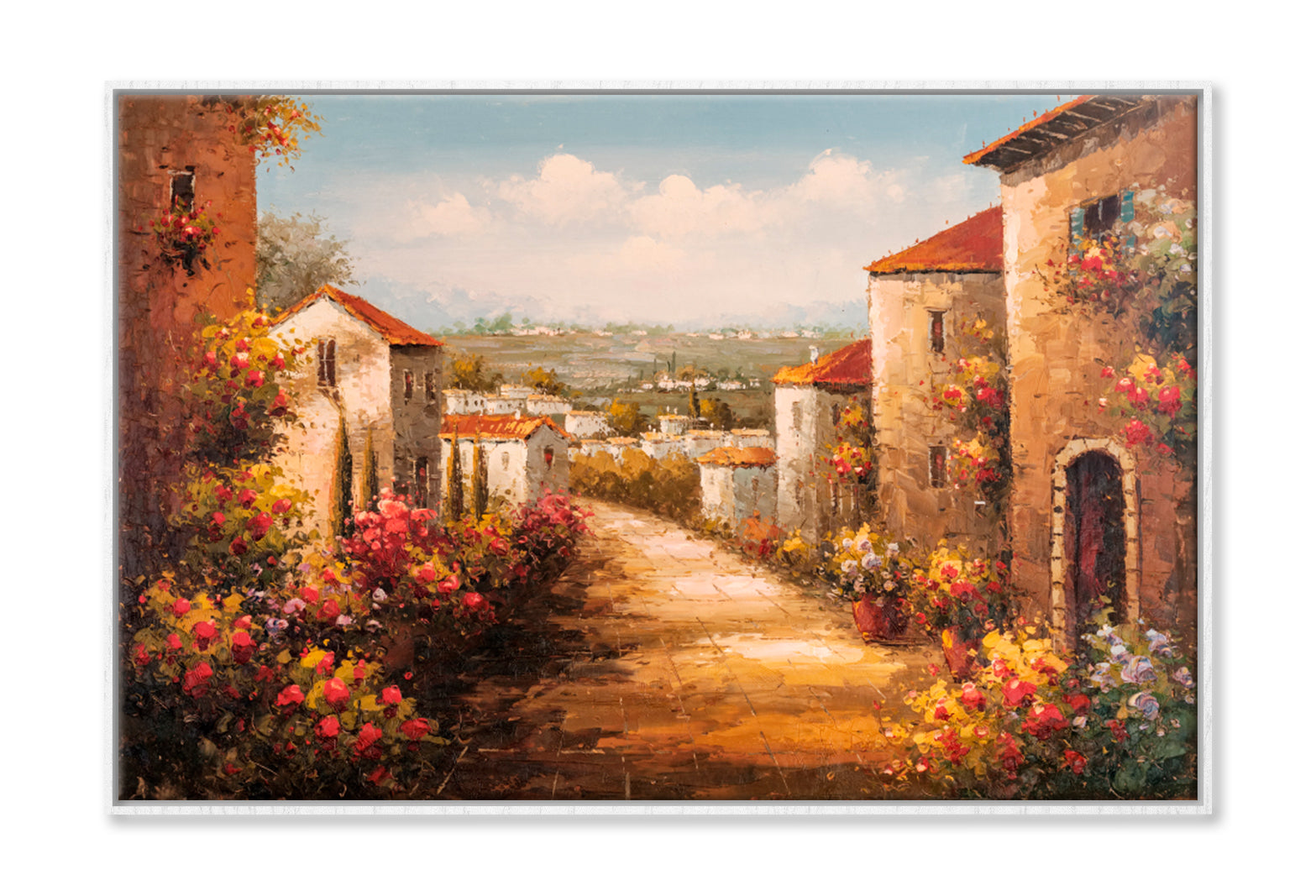 House By The Sea, Colorful Flowers Oil Painting Wall Art Limited Edition High Quality Print Canvas Box Framed White