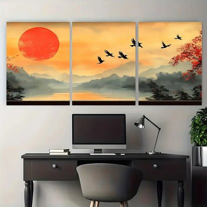 3pcs Misty Mountain Sunset and Cranes Metal Print Ready to Hang Art