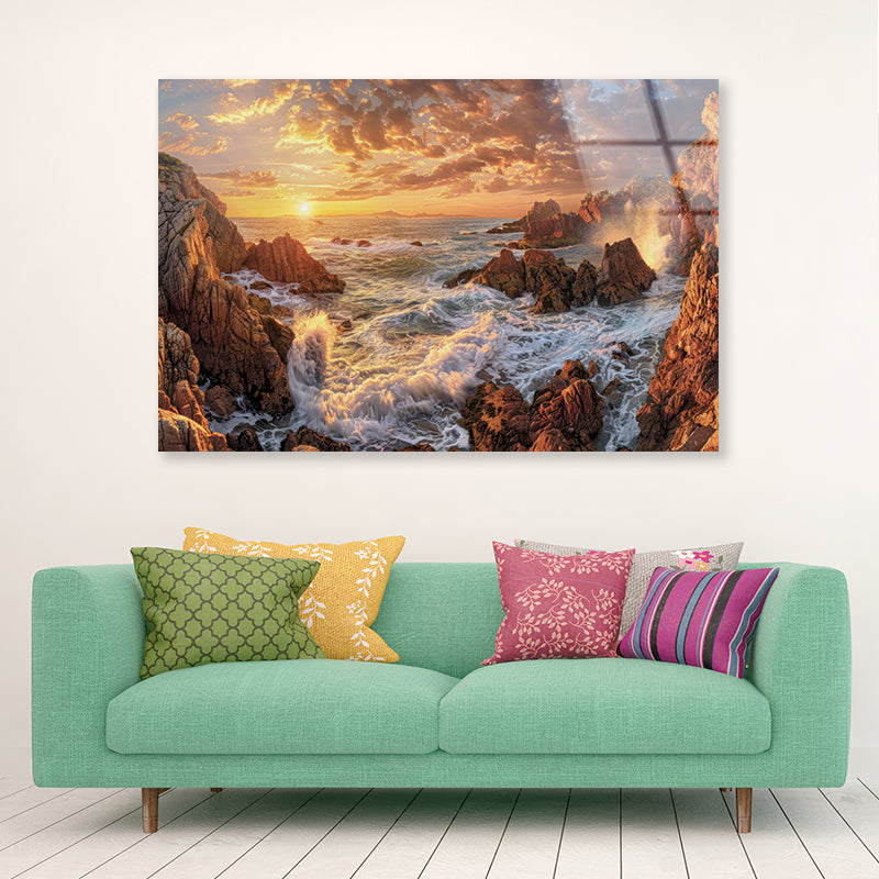 Rocky Coastline at Sunset with Waves Acrylic Glass Print Tempered Glass Wall Art 100% Made in Australia Ready to Hang