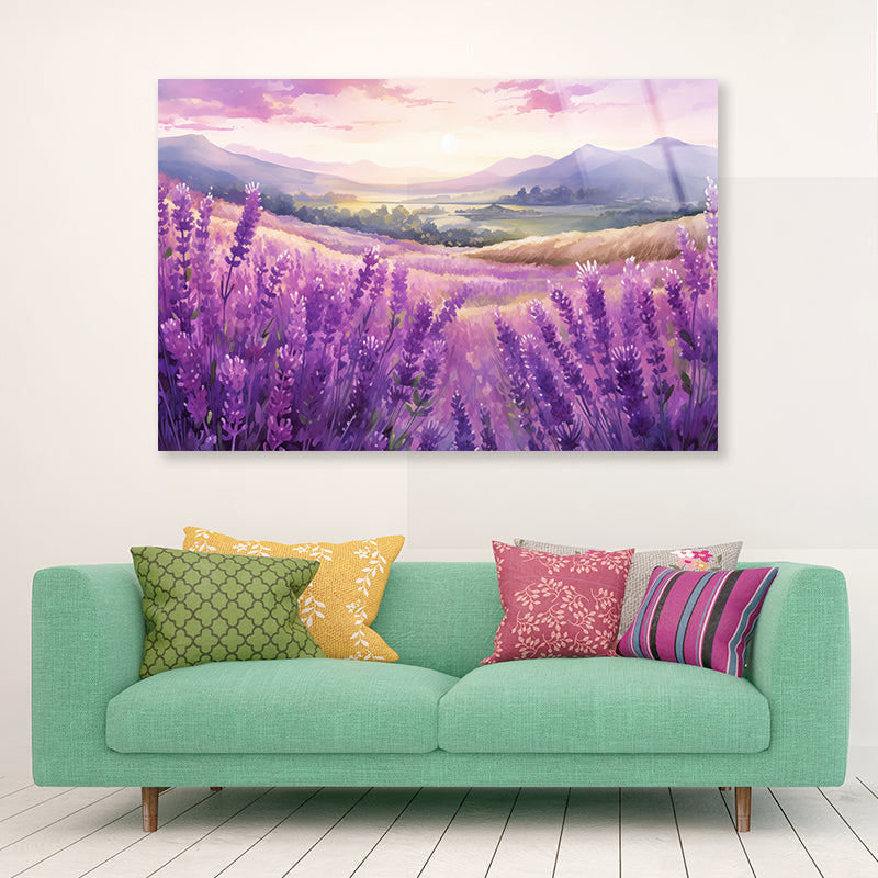 Field Of Purple Flowers, Sky & Mountains Acrylic Glass Print Tempered Glass Wall Art 100% Made in Australia Ready to Hang