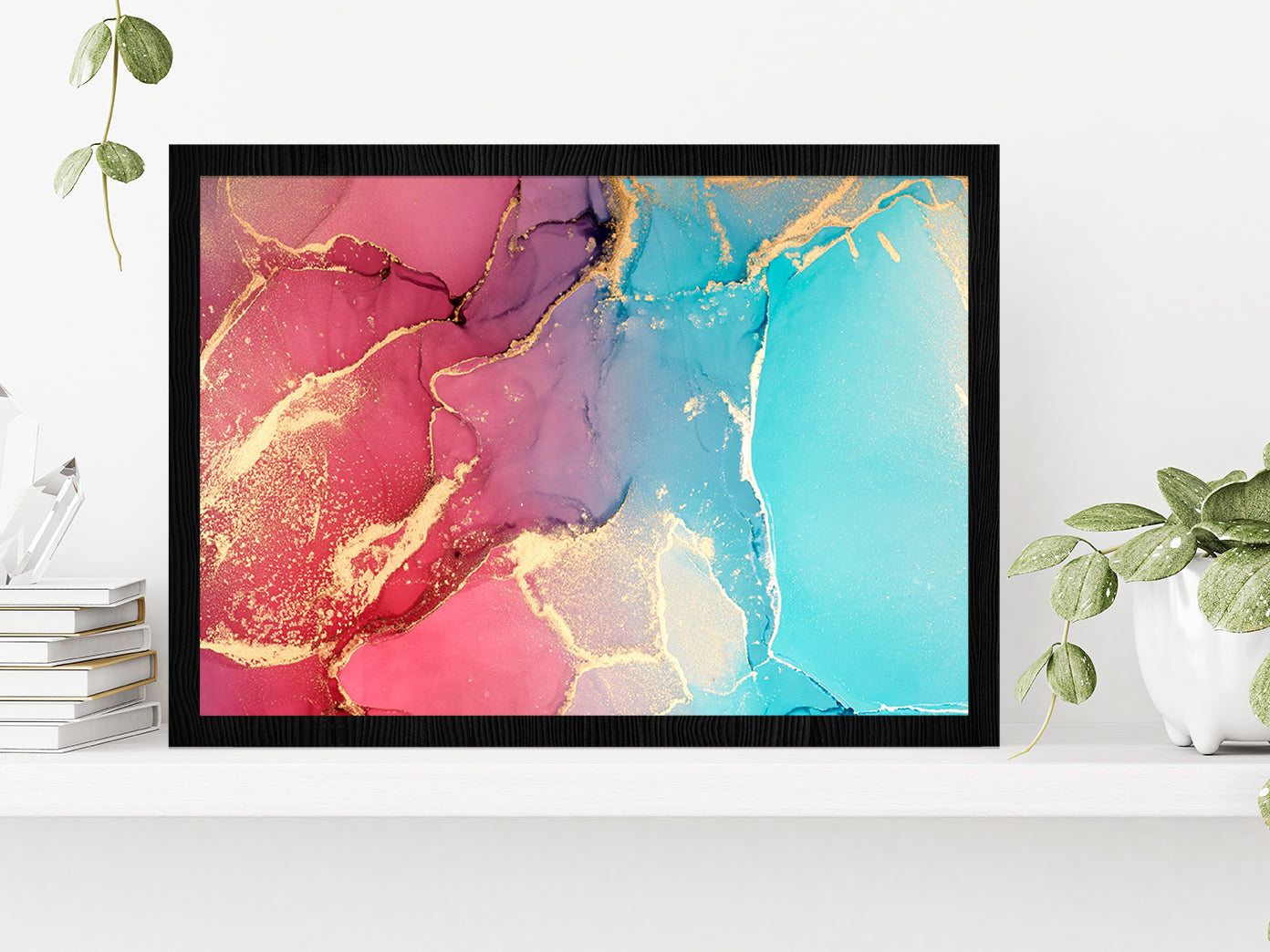 Pink Blue & Gold Abstract Paint Glass Framed Wall Art, Ready to Hang Quality Print Without White Border Black