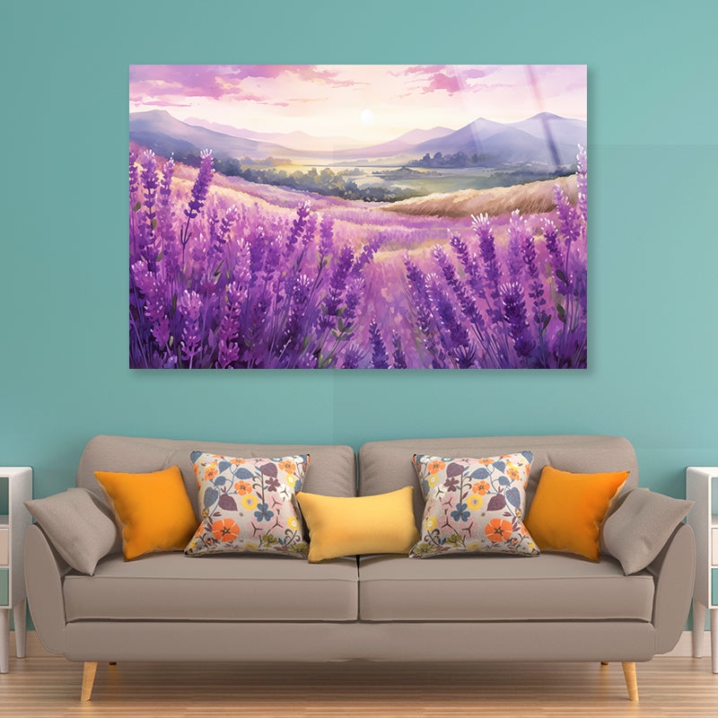 Field Of Purple Flowers, Sky & Mountains Acrylic Glass Print Tempered Glass Wall Art 100% Made in Australia Ready to Hang