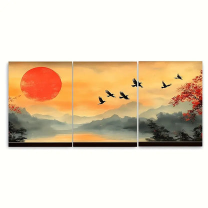 3pcs Misty Mountain Sunset and Cranes Metal Print Ready to Hang Art