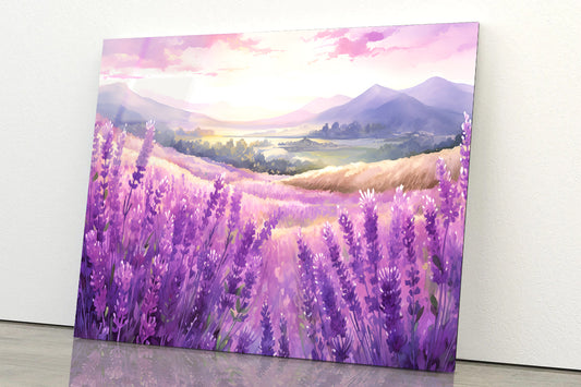 Field Of Purple Flowers, Sky & Mountains Acrylic Glass Print Tempered Glass Wall Art 100% Made in Australia Ready to Hang