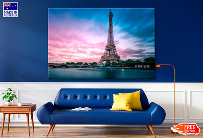 Eiffel Tower From Seine River with Evening Purple Blue Sky Wall Art Decor 100% Australian Made