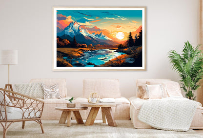 Sunset Over Mountain River Home Decor Premium Quality Poster Print Choose Your Sizes