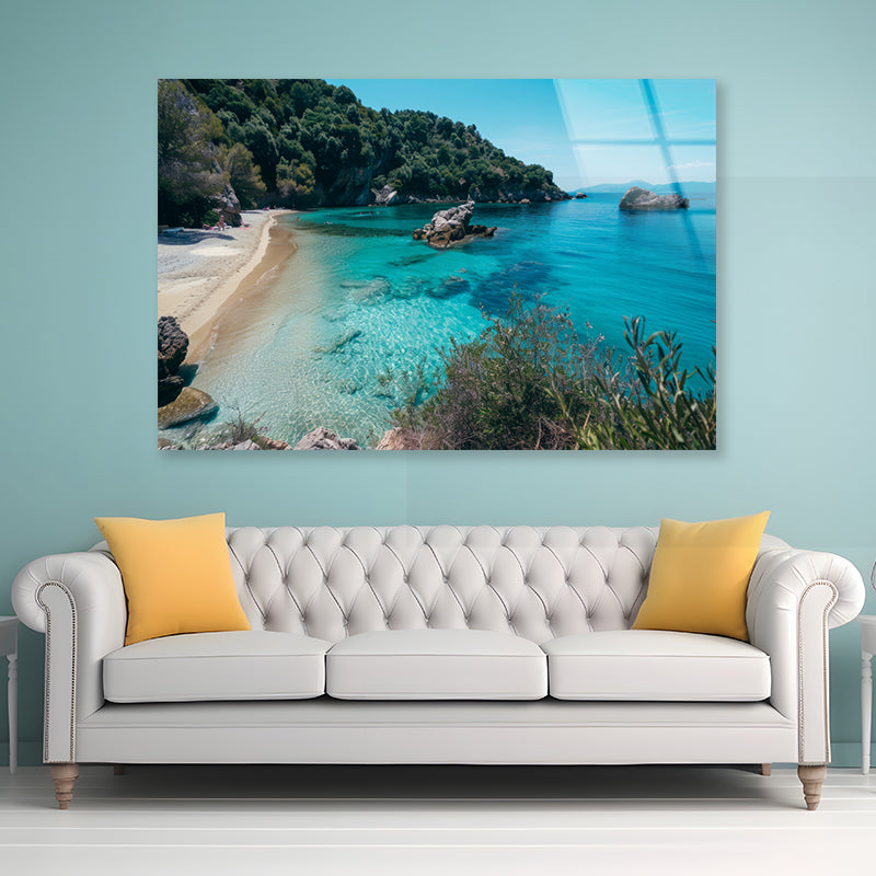 Beach, Blue Ocean and a Rocky Shore Acrylic Glass Print Tempered Glass Wall Art 100% Made in Australia Ready to Hang