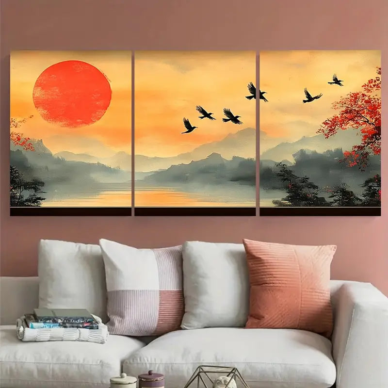 3pcs Misty Mountain Sunset and Cranes Metal Print Ready to Hang Art