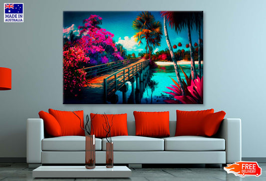 Ocean, Palm Trees, Flowers and Sky Wall Art Limited Edition High Quality Print