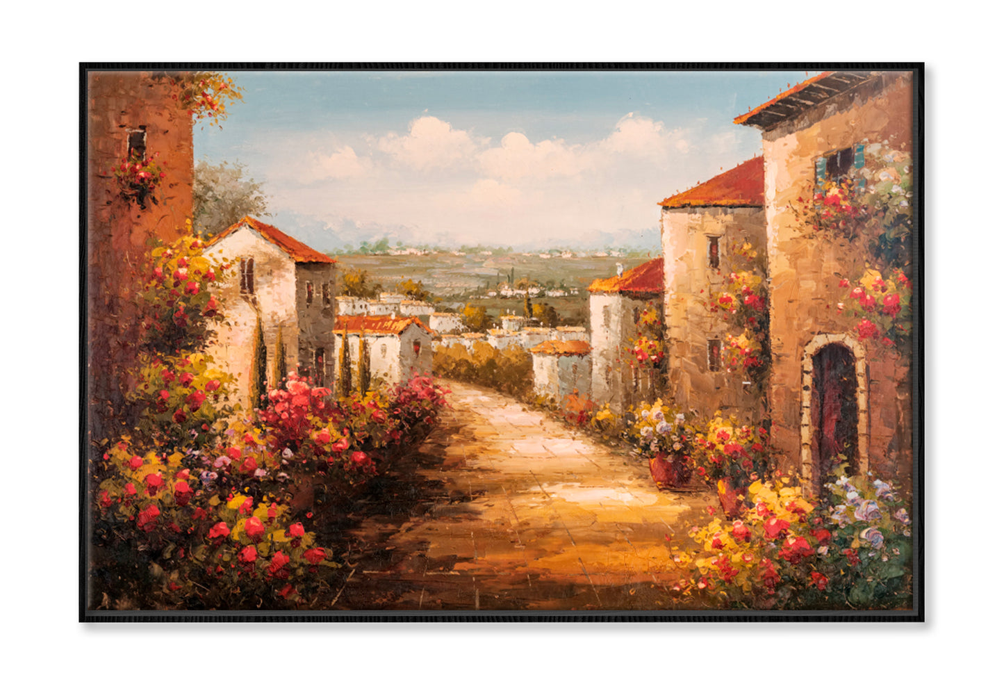 House By The Sea, Colorful Flowers Oil Painting Wall Art Limited Edition High Quality Print Canvas Box Framed Black