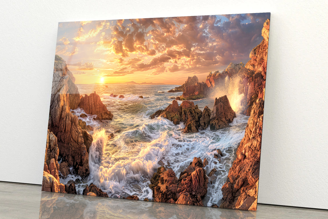 Rocky Coastline at Sunset with Waves Acrylic Glass Print Tempered Glass Wall Art 100% Made in Australia Ready to Hang