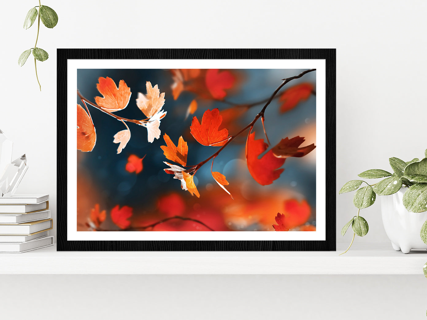 Red Leaves In The Autumn Forest Glass Framed Wall Art, Ready to Hang Quality Print With White Border Black