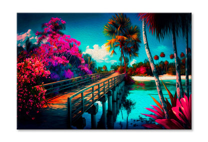 Ocean, Palm Trees, Flowers and Sky Wall Art Limited Edition High Quality Print