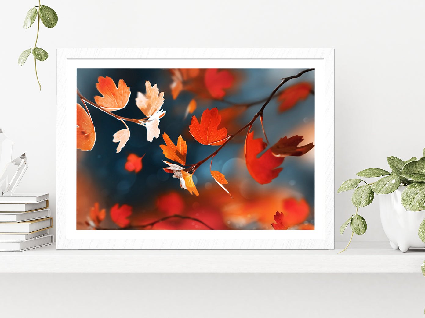 Red Leaves In The Autumn Forest Glass Framed Wall Art, Ready to Hang Quality Print With White Border White