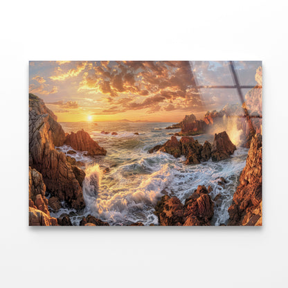 Rocky Coastline at Sunset with Waves Acrylic Glass Print Tempered Glass Wall Art 100% Made in Australia Ready to Hang