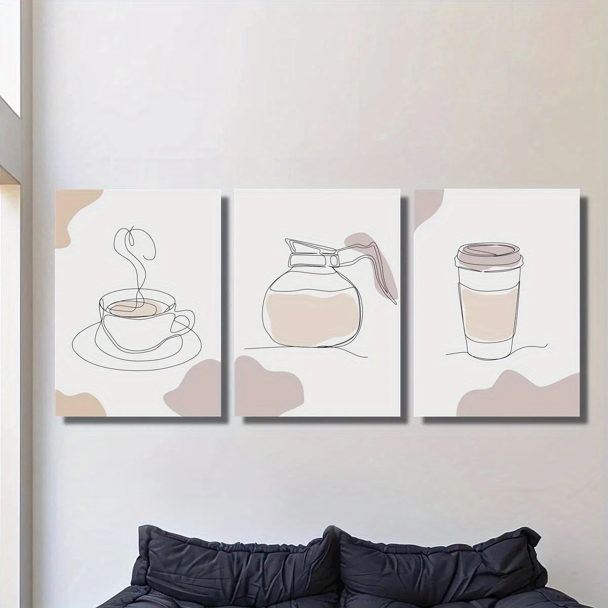 3pcs Geometric Line Art of Coffee Cup & Pot Metal Print Ready to Hang Art