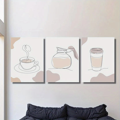 3pcs Geometric Line Art of Coffee Cup & Pot Metal Print Ready to Hang Art