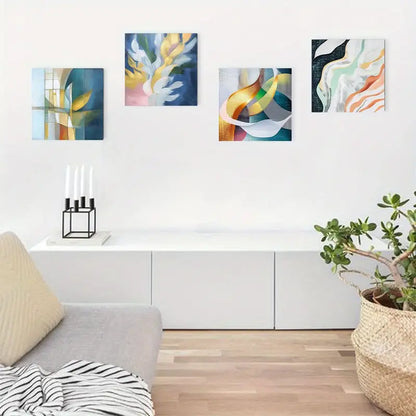 4pcs Abstract Design In Blue, Yellow, Pink & Gre Canvas Framed