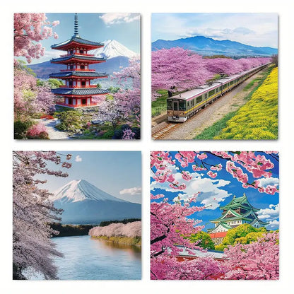 4pcs Train, Pagoda, And River Scenes Wall Art Canvas Framed