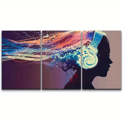 3pcs Woman With Glowing Headphones Metal Print Ready to Hang Art