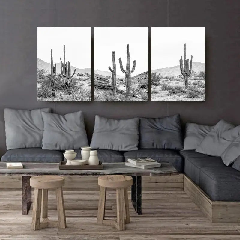 3pcs Black & White Desert Cactus Wall Art Set Canvas Framed 60x90cm - High Quality Print 100% Australian Made Wall Canvas Ready to Hang