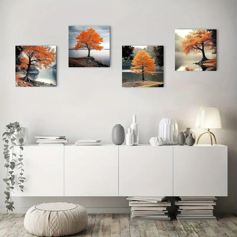 4pcs Vibrant Orange & Gray ForestWall Art Canvas Framed
