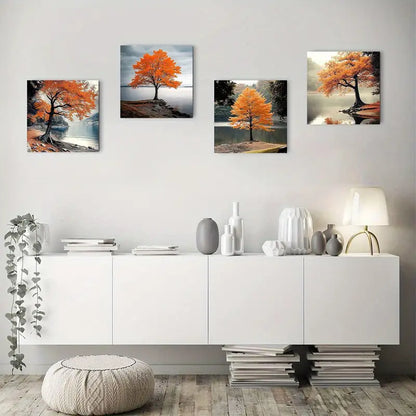 4pcs Vibrant Orange & Gray ForestWall Art Canvas Framed