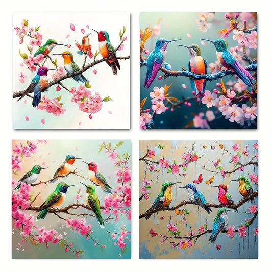 4pcsVibrant Hummingbirds with Cherry Blossoms,Wall Art Canvas Framed