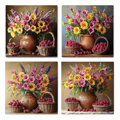 4pcs Sunflowers & Strawberries Bouquet In Rustic Wall Art Canvas Framed