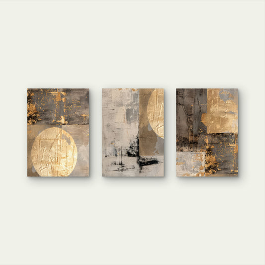 3pcs Modern Abstract Gold Grey Textured Wall Art Set Canvas Framed 50x70cm - High Quality Print 100% Australian Made Wall Canvas Ready to Hang