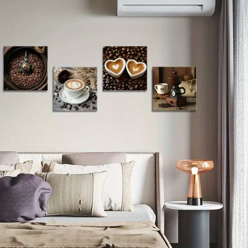 4pcs  Coffee Bean Paintings, Coffee Grinder   Wall Art Canvas Framed