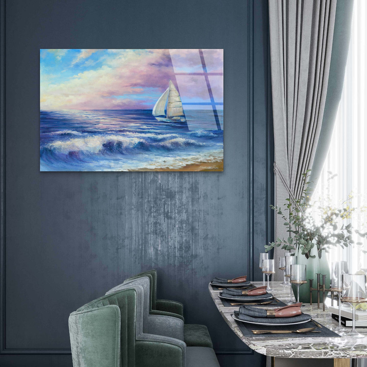Vibrant Blue Sea Wave Beach Sailing Acrylic Glass Printing Wall Art Australian Made Quality