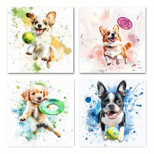 4pcs Vibrant Watercolor Dog Wall Art Canvas Framed