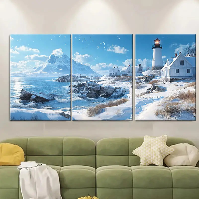 3pcs New England Winter Coastline Wall Art Set Canvas Framed 60x90cm - High Quality Print 100% Australian Made Wall Canvas Ready to Hang