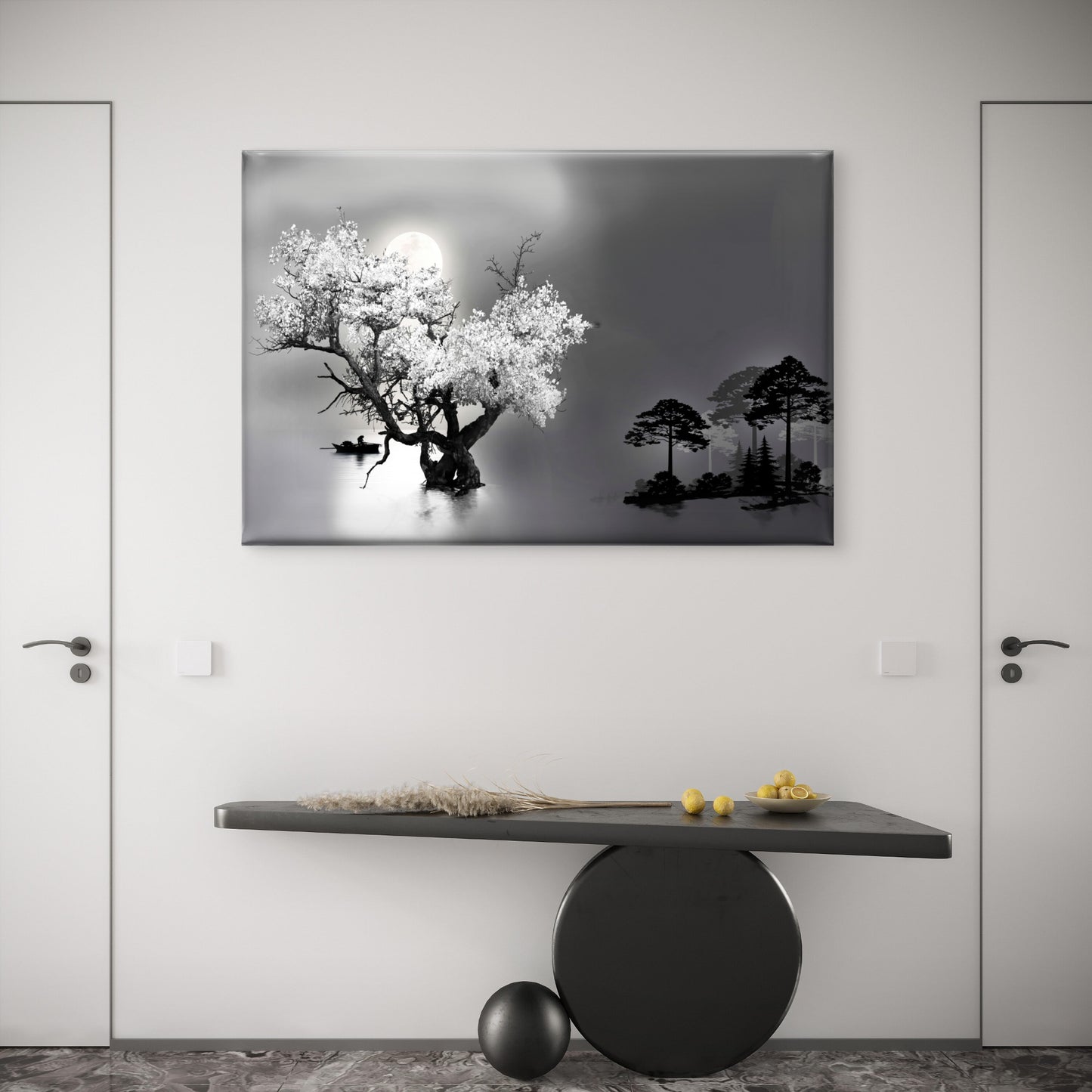 Black And White Lake Night Moon Sky Wall Art Decor 100% Australian Made