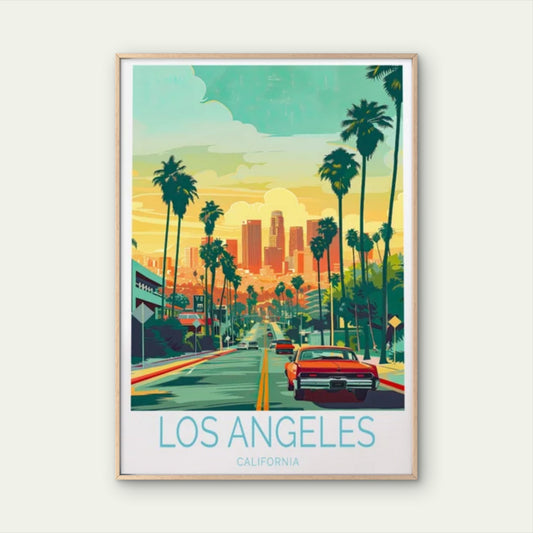 Los Angeles California, Palm Tree & Cars Travel Poster Print Wall Art