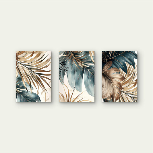 3pcs Gold Teal Tropical Palm Leaf Boho Wall Art Set Canvas Framed 50x70cm - High Quality Print 100% Australian Made Wall Canvas Ready to Hang