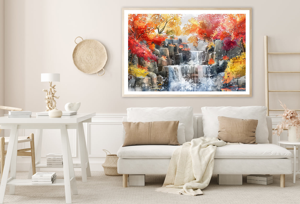 Waterfall Painting with Trees Home Decor Premium Quality Poster Print Choose Your Sizes