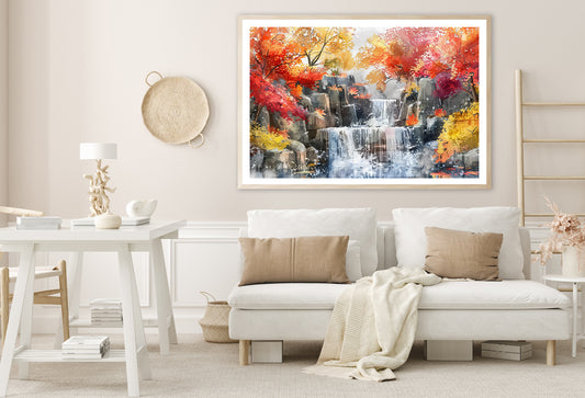 Waterfall Painting with Trees Home Decor Premium Quality Poster Print Choose Your Sizes