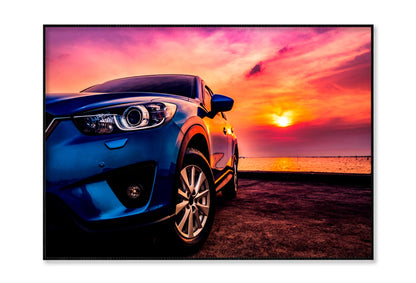 Blue Compact SUV Car Sea At Sunset Home Decor Premium Quality Poster Print Choose Your Sizes