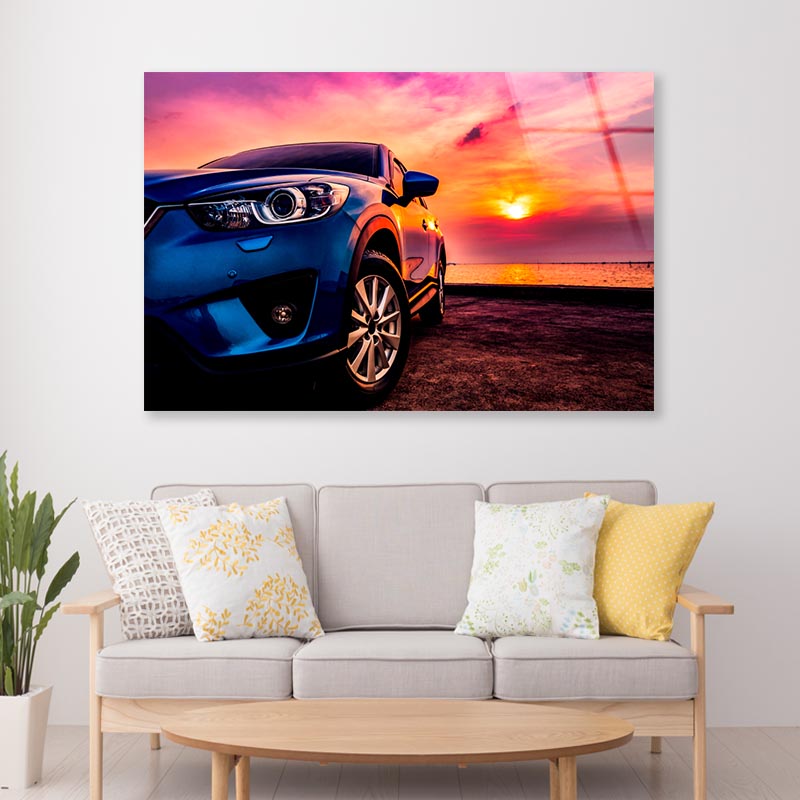 Blue Compact SUV Car Sea At Sunset Acrylic Glass Print Tempered Glass Wall Art 100% Made in Australia Ready to Hang